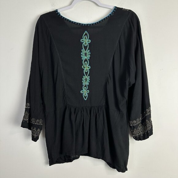 Krista‎ Lee Womens Top Large Black Embroidered Popover Tunic Boho Festival - Picture 7 of 10